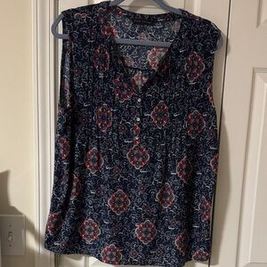 Floral Sleeveless Blouse with Navy and Red Accents
